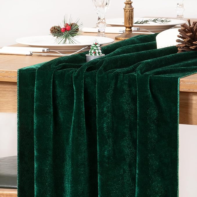MLMC Emerald Green Velvet Table Runner 10ft Luxury Dark Green Velvet Fall Table Runner 20x120 Inches Glossy Wedding Table Runner for Bridal Shower Birthday Party Gathering Thanksgiving Christmas Decor
