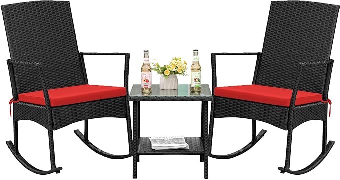 Flamaker Rocking Chair Outdoor PE Rattan Patio Chairs with Glass Table High Back Porch Rocker for Balcony, Garden, Backyard (Red)