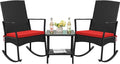Flamaker Rocking Chair Outdoor PE Rattan Patio Chairs with Glass Table High Back Porch Rocker for Balcony, Garden, Backyard (Red)