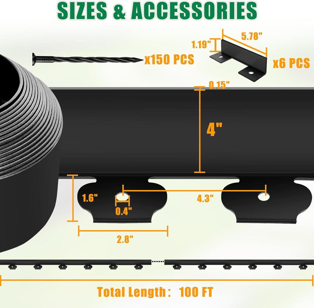 Landscape Edging - 100FT 4IN Garden Edging Border with 150 Stakes, No Dig Lawn Edging for Landscaping for Garden Bed, Yard, 0.15" Thick Flower Bed Border Edging with Connector for Outdoor
