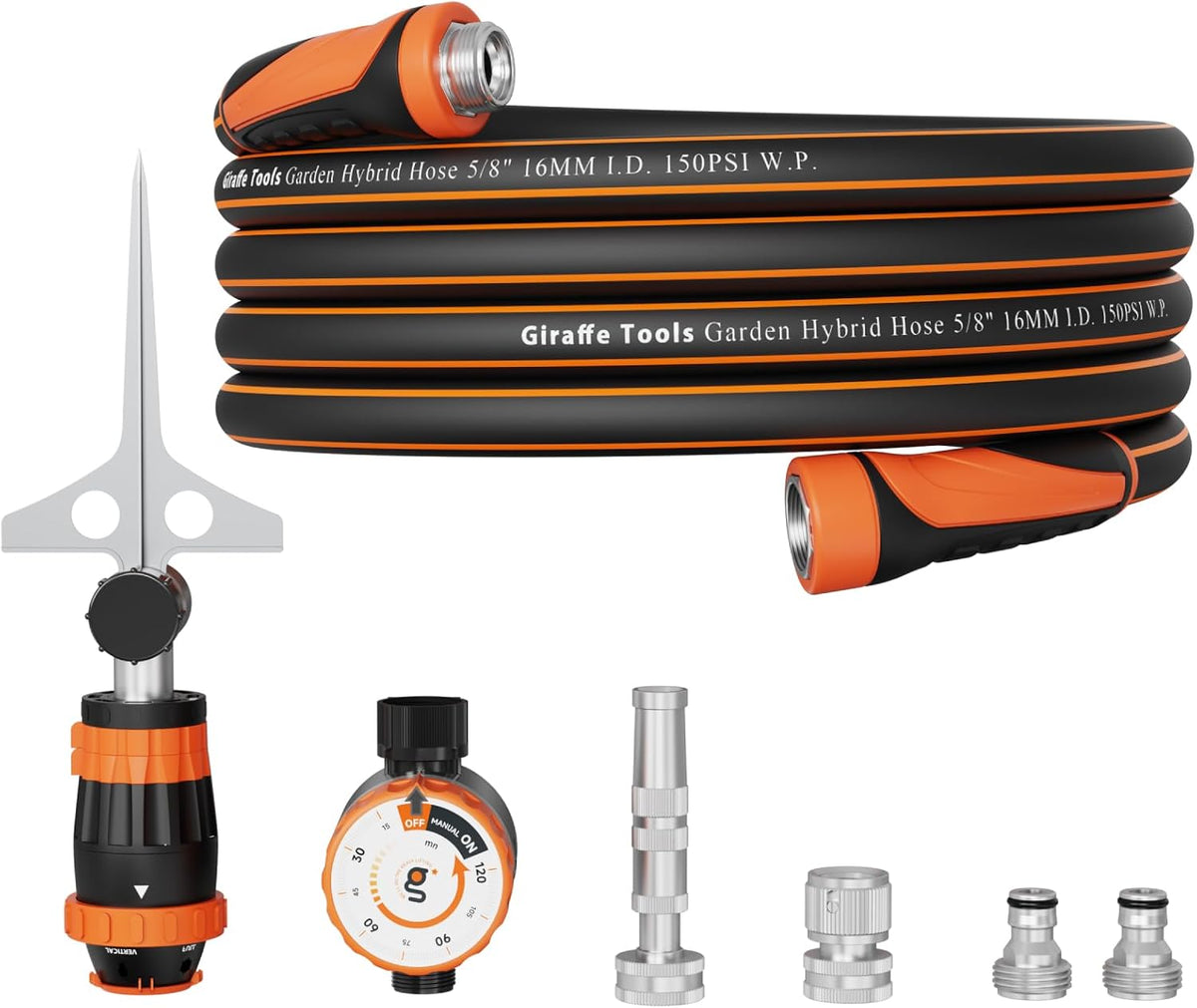 Giraffe Tools Garden Hose 25ft x 5/8", Water Hose Heavy Duty, Flexible with Water Timer Nozzle and Yard Sprinkler, Lightweight Hybrid Hose with Swivel Handle, Male to Female Fittings, Burst 600 PSI