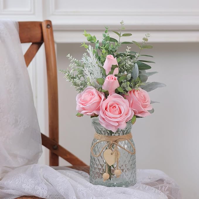 Faux Flowers with Vase,Artificial Silk Roses in Vase, Fake Plant Eucalyptus Flower Arrangement for Home Office Farmhouse Bathroom Dining Table Centerpiece Decorations Coffee Table Decor (Pink)
