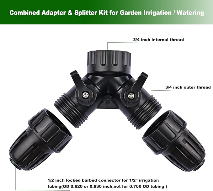 1/2 Inch Drip Irrigation Hose to Faucet Adapter for Drip Irrigation Tubing (.520" ID,.600" – .650" OD), 2 Way Y Water Splitter Connector for 3/4" Inch Garden Hose Spigot Faucet Bib