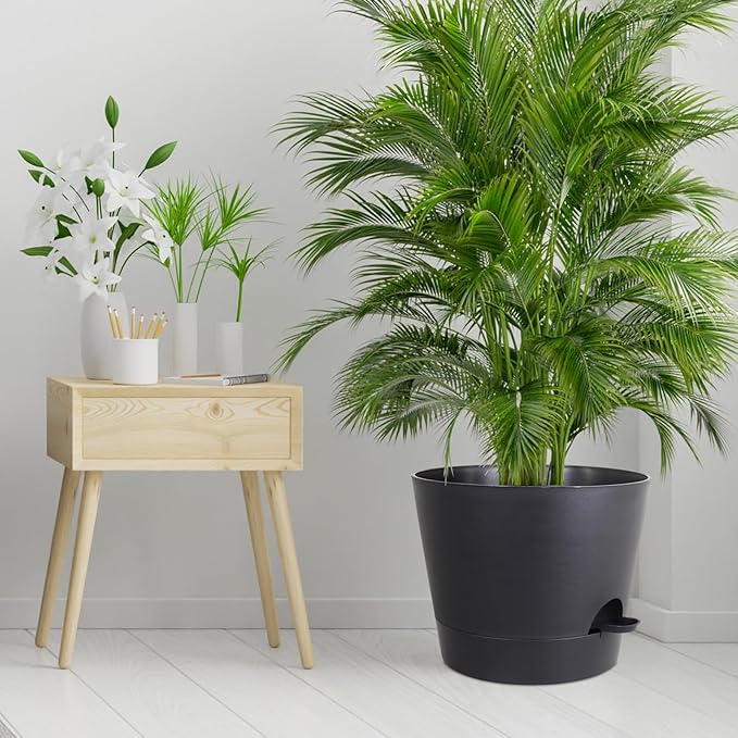 12 inch Large Self Watering Pots for Indoor Outdoor Plants, Flower Plant Pots with Mesh Drainage Holes for Garden House Plants, Plastic Planters with Reservoir for Home Decor, Black