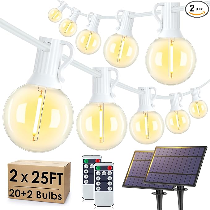 50FT(2x25FT) Solar String Lights Outdoor with Remote, Waterproof Dimmable 3 Modes Patio Lights with 20+2 LED G40 Bulbs for Party Bistro-White