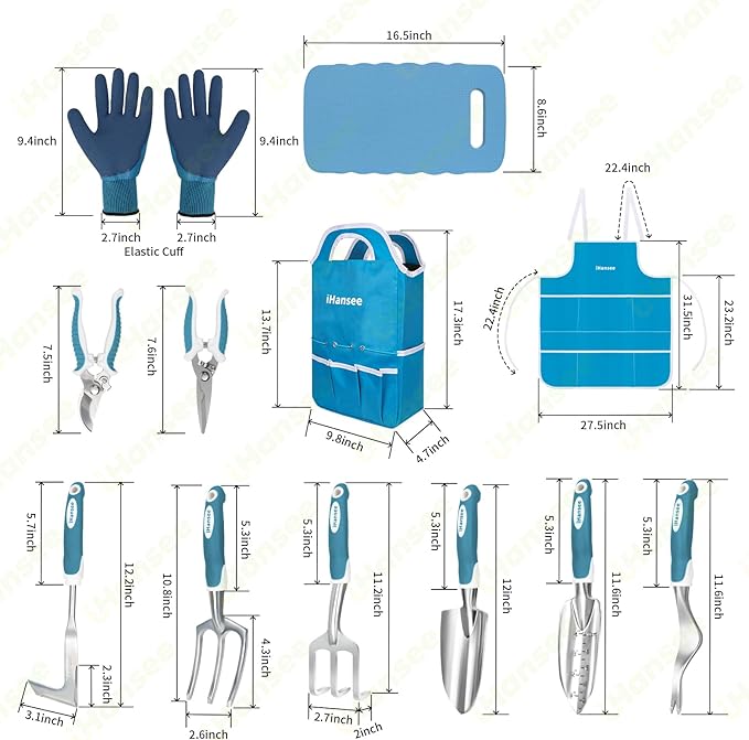 Blue Garden Tool Sets 12-Piece, Aluminum Gardening Hand Tools w/Ergonomic Handle, Garden Supplies Organizer Handbag, Kneeling Pad, Apron and Gloves, Gift for Women, Garden Starter Kit for Women