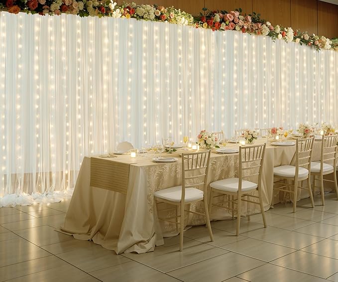 20ft x 10ft Ivory Tulle Photo Backdrop Curtain with Lights String for Parties Wedding Sheer Ivory Curtain Backdrop for Birthday Party Bridal Shower Photo Booth Photography Background Decorations