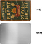 Funny Firepit Metal Sign - "What Happens at the Firepit" Outdoor Wall Decor for Patio, BBQ, Grill, or Campsite - Great Gift for Campers & Dads - 8" x 12"