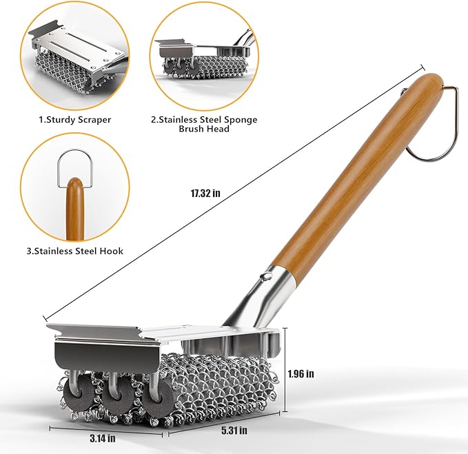HOUSE AGAIN Grill Brush Bristle Free, 304 Stainless Steel Food-Grade Brush Head with Scraper, Safe BBQ and Grill Grate Cleaner Non Wire, Outdoor Grill Cleaning Brush w/Wooden Handle Gift for Men/Dad