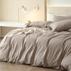 JIYUAN 100% Washed Cotton Duvet Cover Set 3 Pieces Queen, 1 Duvet Cover 90x90 Inches(Comforter Not Included) and 2 Pillowcases,Linen Feel Bedding Set Comfy and Breathable, Heathered Warm Taupe