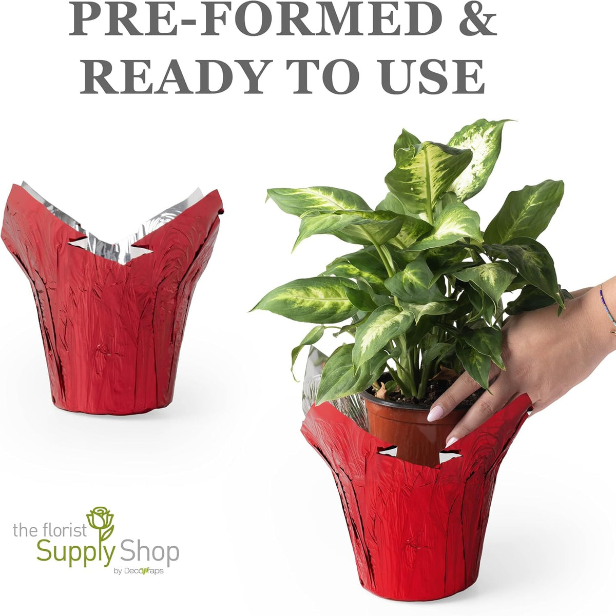6” AZA Plant Pot Covers, Decorative Plant Sleeve for Indoor & Outdoor House Plants, Reusable and Gift-Ready Foil Wrap for Flower Pots, Red Metallic, Pack of 5