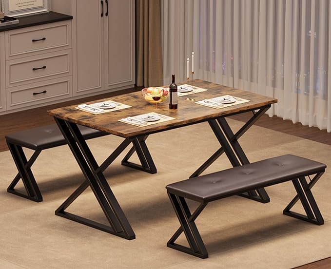 GAOMON Dining Table with 2 Benches, Kitchen Table Set for 4, 3 Piece Dining Table Set for Small Space, Apartment, Saving Space for Kitchen, Dining Room (0.75'' Inch Cusion)