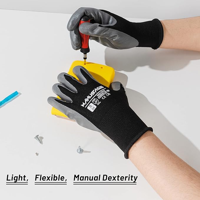 MANUSAGE Safety Work Gloves Nitrile For Men and Women, with Touchscreen Fingers, Men's Work Gloves with Grip, Mechanics Gloves (Size XL, Black, 24-pairs)