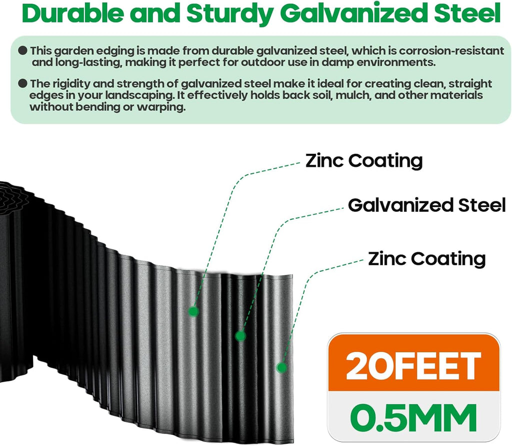 Corrugated Metal Garden Edging, Sturdy Tall Landscape Edging Borders, Perfect DIY for Flower Beds, Lawn and Pathway, Tree Surrounds, Paver Edges (Black, 10"×20FT)