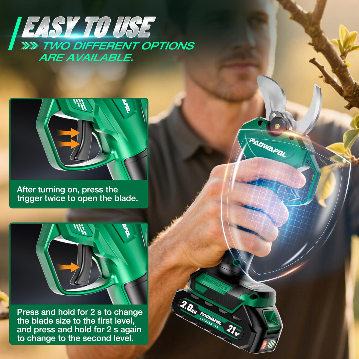 PAOWAFOL Electric Pruning Shears, 1.6" (41mm) Cordless Power Pruner with LCD Display, Brushless Motor, 2x2000mAh Batteries, 2xSK5 Blades, Battery Powered Branch Cutter for Garden Trimming