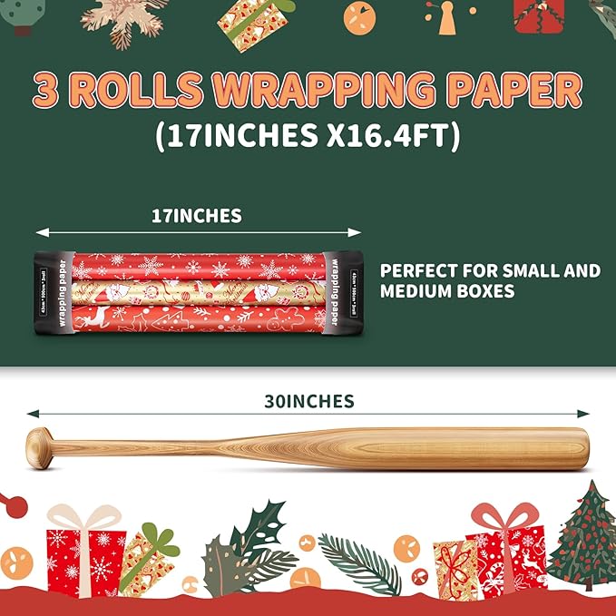 Christmas Gift Wrapping Paper Rolls,3 Rolls 17inches x 198inches Reversible Gift Wrapping Paper, Red Gold White Wrapping Paper, Snowflakes, Stripes, Plaid, Santa hat, Christmas decorations