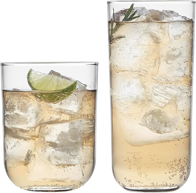 Libbey Polaris Tumbler and Rocks Glass Set, Elegant Drinkware Glasses Set, Lead-Free Tall Drinking Glasses with Modern Clean Lines, Dishwasher Safe Drinking Glasses Set of 16, Axis