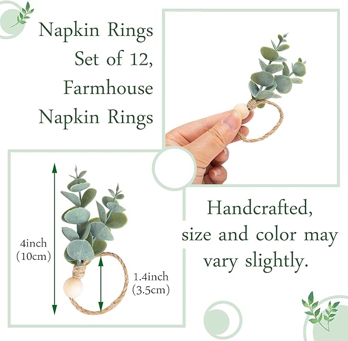 Defined Deco Napkin Rings Set of 12, Rustic Farmhouse, Boho Green Leaf Napkin Rings for Spring Summer, Thanksgiving Christmas,