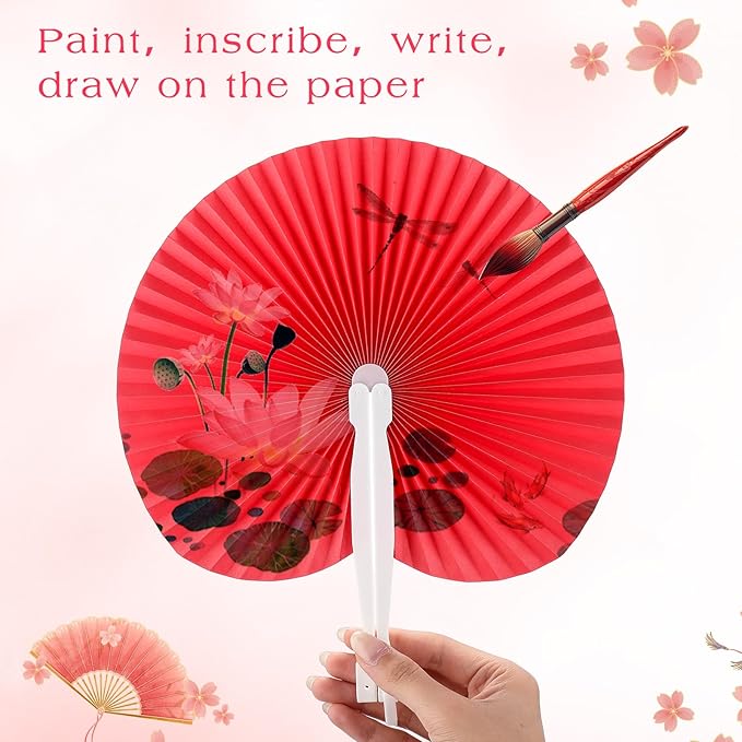 Handepo 200 Pieces Wedding Fans Folding Paper Fans Paper Fans Round Shaped Folding Fans Handheld Fan with Plastic Handle for Wedding Celebration Birthday Party Favor (Red)