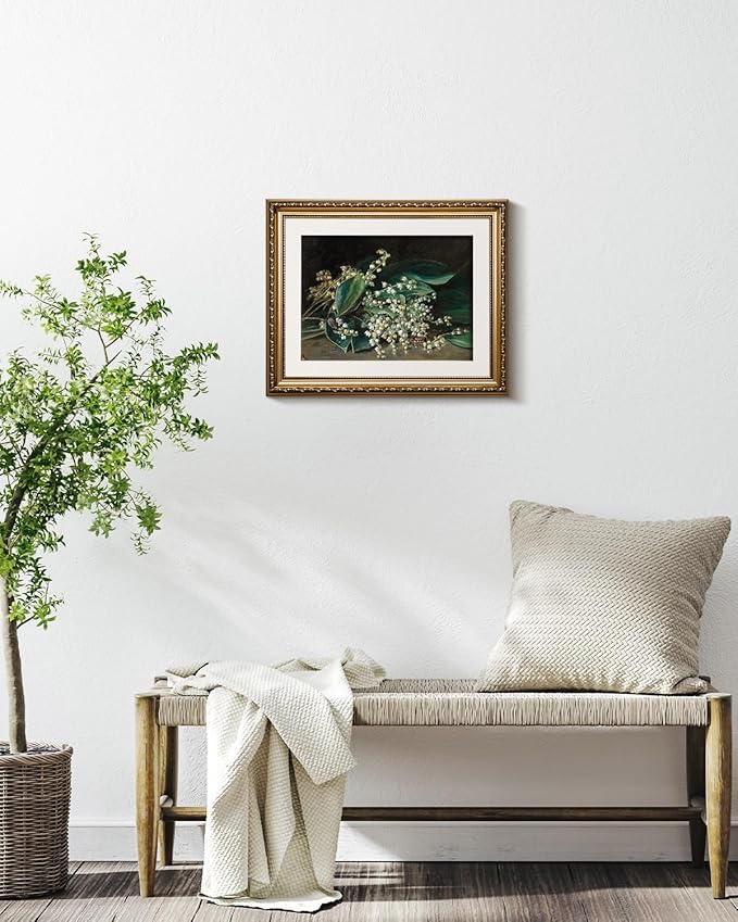 VIYYIEA Gold Framed Wall Art Canvas Print Home Decor Botanical Plant Wall Art Prints Bathroom Wall Decor Green Suzuran Plant Flower Wall Picture for Bedroom Floral Kitchen Art Boho Room Decor 13x16in