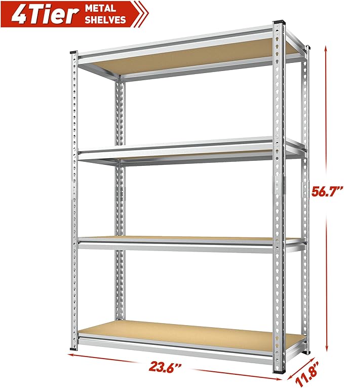 REIBII Storage Shelves Adjustable Metal Shelving 1600LBS Garage Shelves Industrial Metal Shelves 4 T ier Garage Shelving for Kitchen Pantry Closet, Sliver, 11.8" D x 23.6" W x 56.7" H