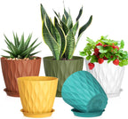 7 inch Plant Pots for Indoor Outdoor Plants, 5 Pack Thick Nursery Pots with Drainage Holes and Saucers, 3D Modern Wave Texture Plastic Planter Pots for Flowers and House Plants, Multicolor