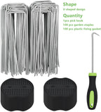 BDS-HOME 100sets Heavy Duty Garden Landscape Staples and Fixing Gasket with 1pc Pick Hook, 11 Gauge U Shaped Lawn Staples for Irrigation Hoses, Yard Weed Barrier, Fences and Tents, Decorations Fixed