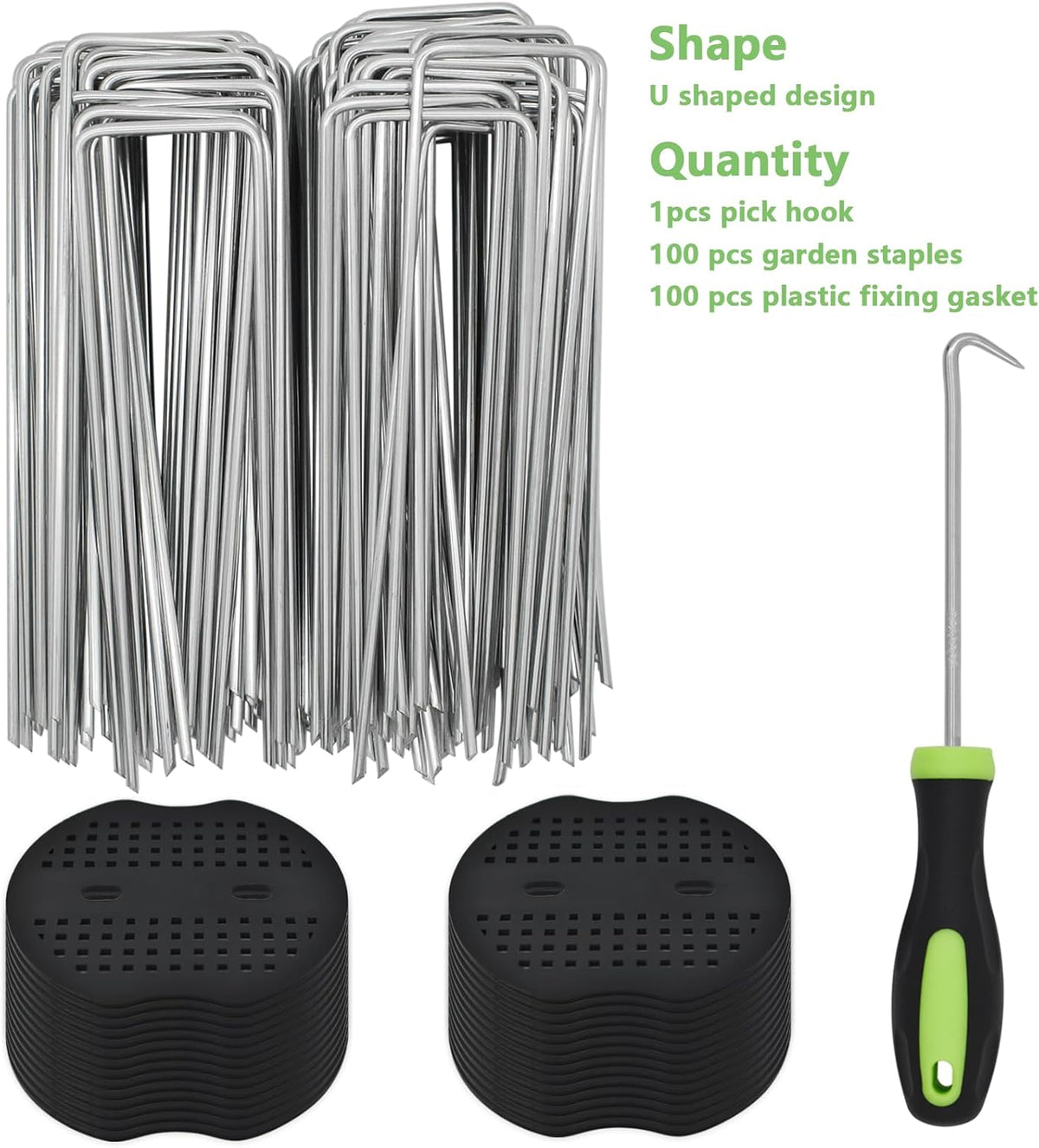 BDS-HOME 100sets Heavy Duty Garden Landscape Staples and Fixing Gasket with 1pc Pick Hook, 11 Gauge U Shaped Lawn Staples for Irrigation Hoses, Yard Weed Barrier, Fences and Tents, Decorations Fixed