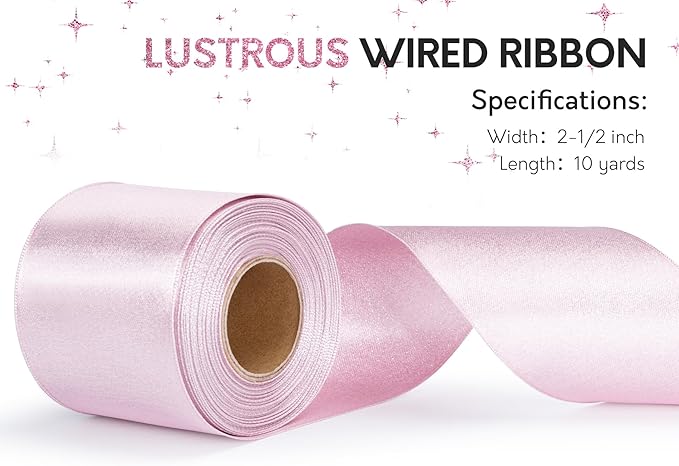 Pink Satin Wired Ribbon 2-1/2 Inch Double-Faced Sliver Glitter Ribbons for Valentines Day Tree Decoration Gift Wrapping Home Decor 10 Yards