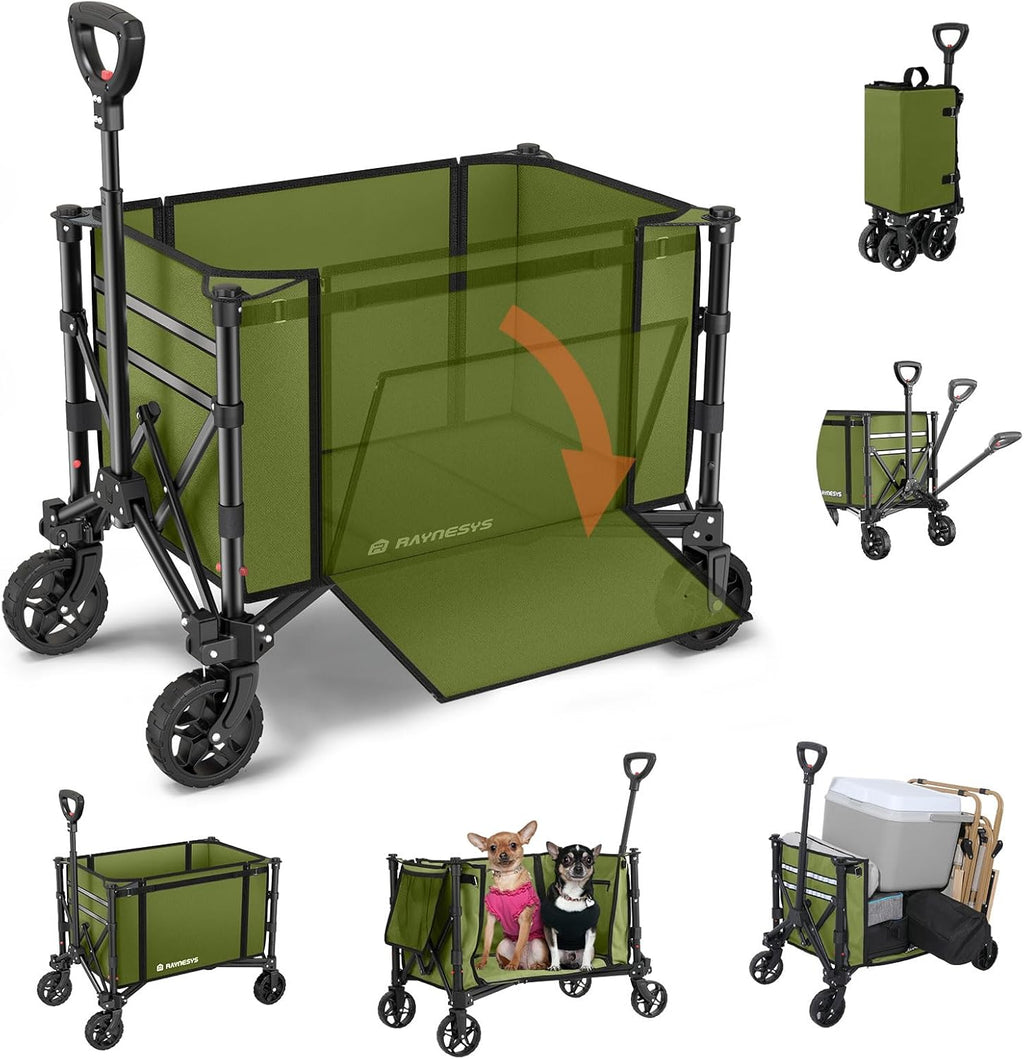 Collapsible Wagon Cart with Wheels 220lbs Foldable Wagon 120L Shopping Cart for Groceries Folding Utility Wagon for Beach, Garden, Camping, Sport, Wheelbarrows, Green