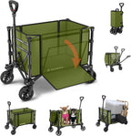 Collapsible Wagon Cart with Wheels 220lbs Foldable Wagon 120L Shopping Cart for Groceries Folding Utility Wagon for Beach, Garden, Camping, Sport, Wheelbarrows, Green