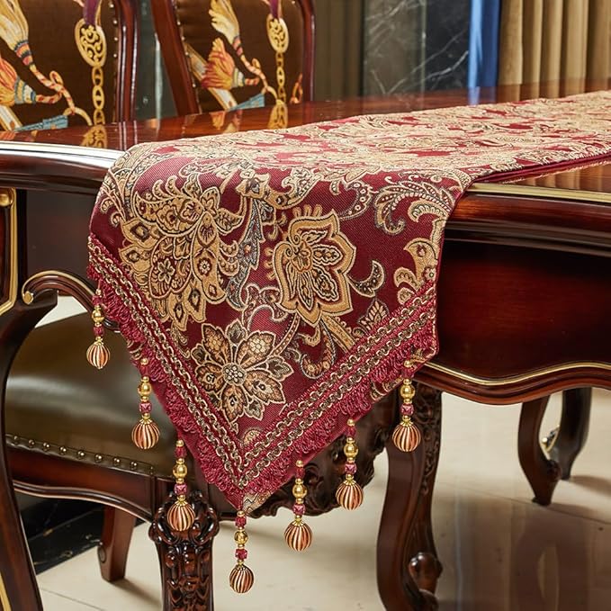 Luxury Vintage Design Table Runner 90 inches Long Embroidery Jacquard Fabric with Multi-Tassels Table Runners for Dining Room Dresser Christmas Thanksgiving Party Decorations (Red, 12X90inch)