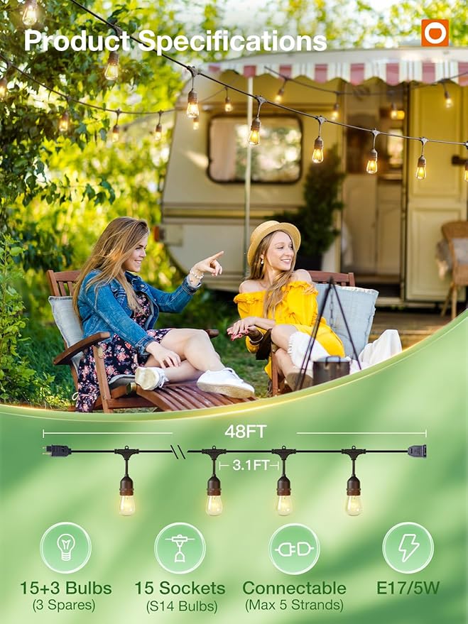 addlon 48 FT Outdoor String Lights Timer Control Commercial Grade Weatherproof 18 Edison Vintage Bulbs ETL Listed Heavy-Duty Decoration Christmas Lights for Patio Backyard Garden