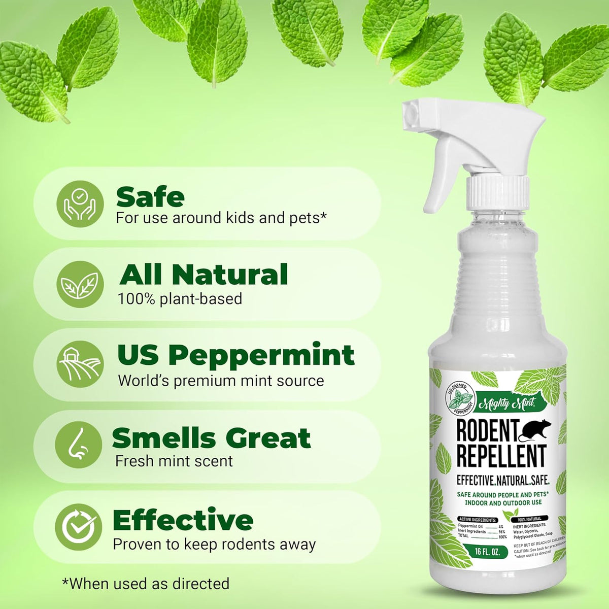 Mighty Mint Peppermint Oil Rodent Repellent Spray – Natural Indoor & Outdoor Control for Mice and Rats – Plant-Based, Extra-Strong Formula - 16 oz (Pack of 2)