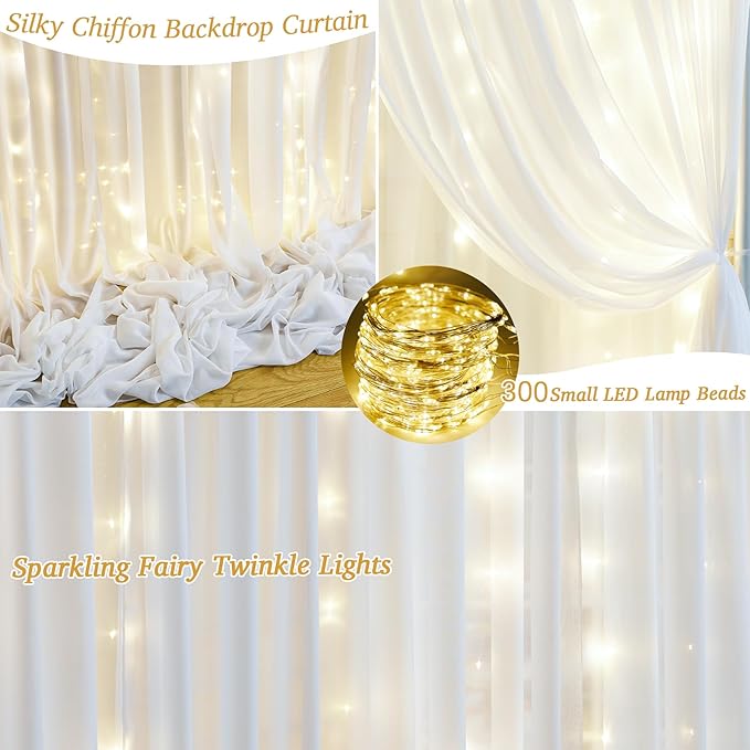 10x10ft White Sheer Backdrop Curtain with Lights String for Wedding, Fairy Light Up Curtain Backdrops for Baby Shower, Chiffon Photo Backdrop Drapes for Birthday Party Photo Shoot (5 x 10ft,2 Panels)