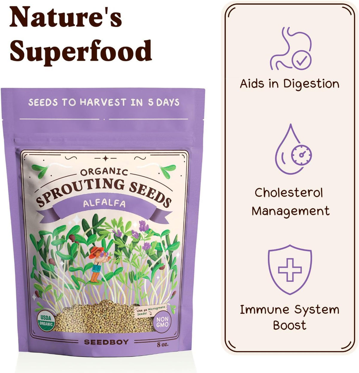 Seedboy Organic Non-GMO Alfalfa Seeds for Sprouting - Microgreens Sprouting Seeds - 8 oz Bag Makes 8 Quarts / 24 Servings (Alfalfa)