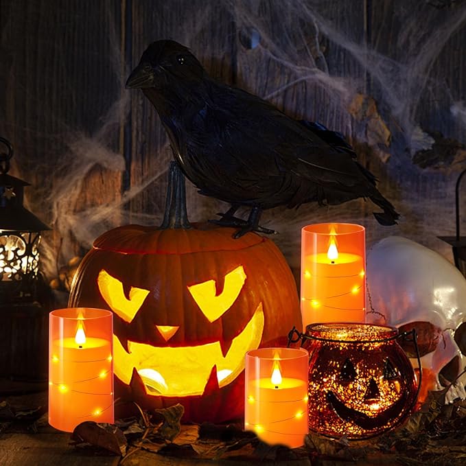 NURADA Flameless Candles with Remote Timers: Built-in Star String Lights 3D Wick Battery Operated Flickering LED Electric Candles for Halloween Thanksgiving Dinner Tables Fall Home Decor Orange 3 Pack