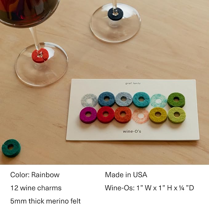 Graf Lantz - Wine-O's Merino Wool Wine Glass Charms (Rainbow) 12 Count - Drink Markers with Note Card - Reusable - 12 Colors - Boho Style - Home Decor, Party Favors & Vacation Essentials - 5mm Felt