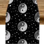 Mystical Celestial Table Runner, Vintage Bohemian Black Yin Yang Symbol Moon Stars Print Table Runner for Office Kitchen Dining Wedding Party Home Coffee Table, 13x36inch