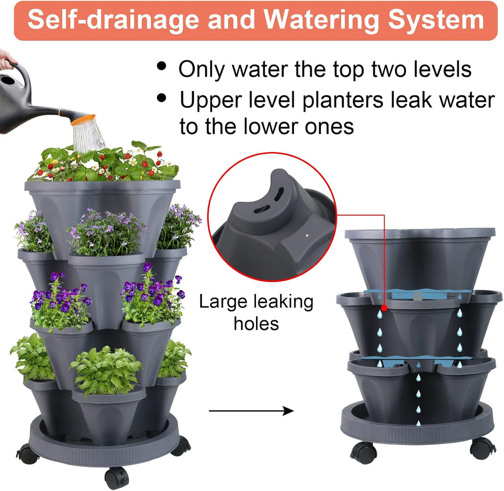Vertical Planter 4 Tier Stackable Planters Garden Planters Strawberry Herb Flower and Vegetable Planter Indoor Outdoor Gardening Pots with Removable Wheels and Tools