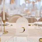 UNIQOOO Frosted Arch Wedding Table Numbers 1-15 w/Stands, Gold Foil Printed 5x7 Acrylic Display Signs &Holders, Pack of 15, Perfect for Centerpiece, Reception, Decoration, Party, Anniversary, Event