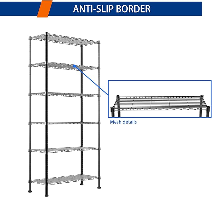 REGILLER 6-Wire Shelving Metal Storage Rack Adjustable Shelves,Standing Storage Shelf Units for Laundry Bathroom Kitchen Pantry Closet(Black,14.1" D x 30" W x 80" H)