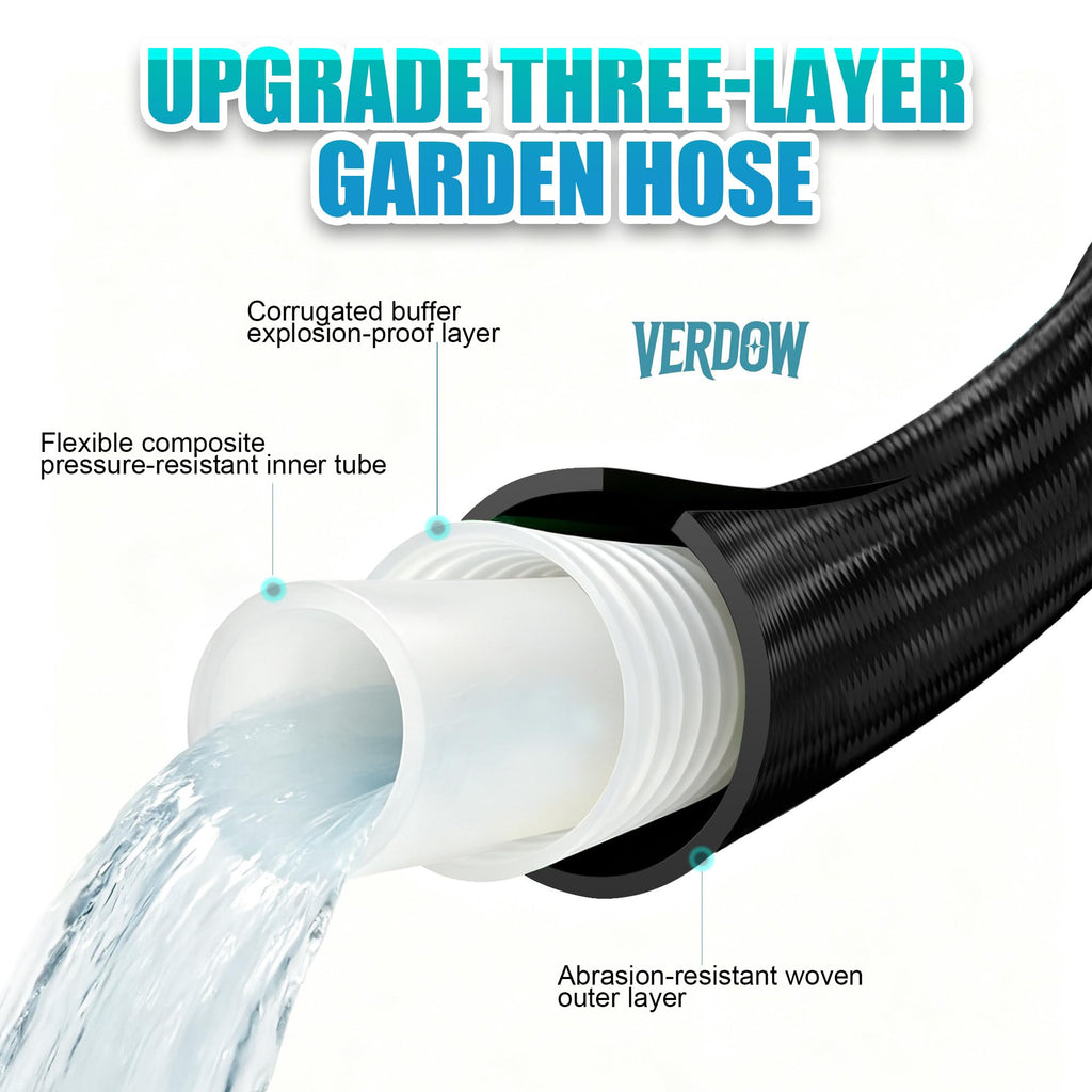 VERDOW Garden Hose 50 ft, Non-Expandable Lightweight Water Hose, 360° Swivel Fittings, 10-Pattern Spray Nozzle Flexible Hose for Yard, Lawn, Ourdoor Ues