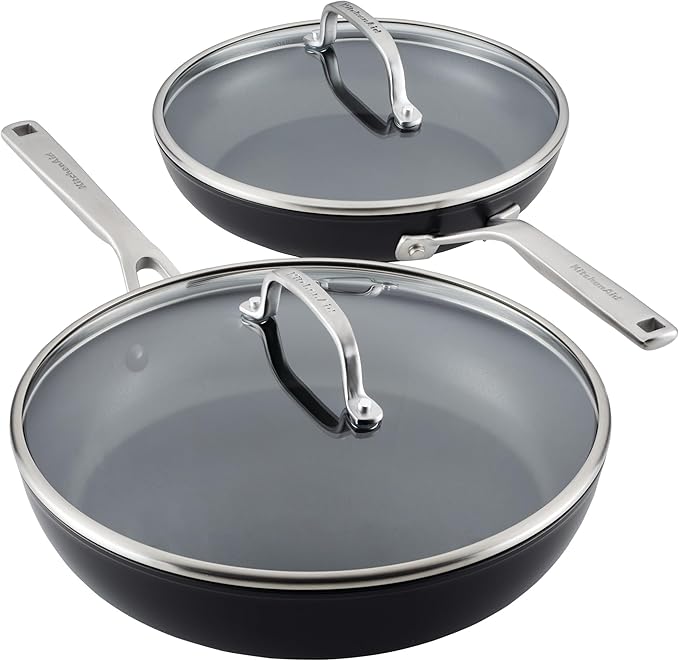 KitchenAid Hard Anodized Induction Nonstick Frying Pan Set With Tempered Lids, 4-Piece - 10 & 12 Inch – Durable, Even Heating, Oven Safe to 500°F, Dishwasher Safe, Easy-Clean