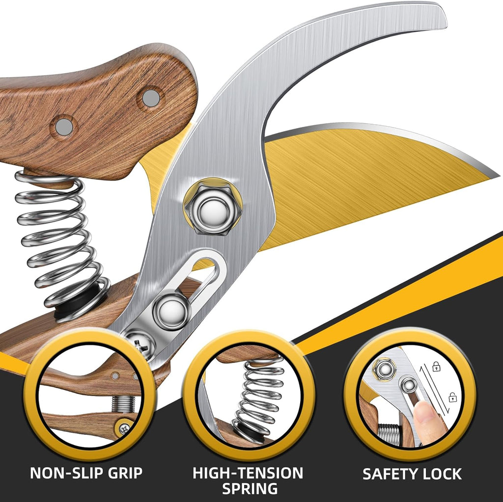 8.5" Professional Bypass Pruning Shears – Heavy Duty Garden Scissors & Clippers for Wood & Tree Trimming, Ultra Sharp SK5 Blade, Ergonomic Handle, Perfect Gardening Gift, 2025 Wood-Like Finish