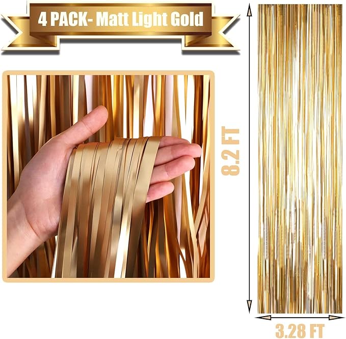 4 Pack Champagne Gold Foil Fringe Curtain Backdrop, 3.28Ft x 8.2Ft Metallic Tinsel Streamer Curtains for Party, Photo Booth Props, Birthday, Graduation Decoration Party Supplies