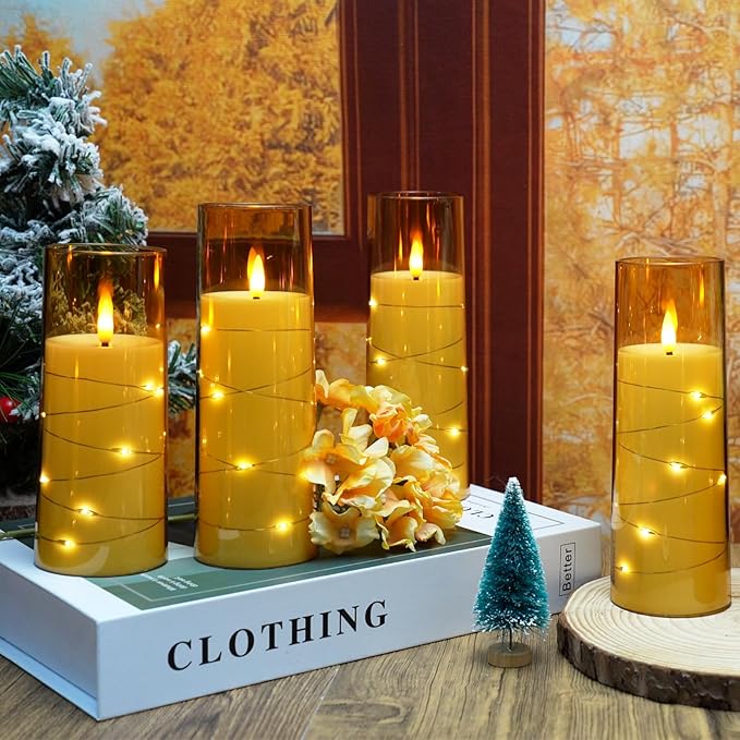 Flameless LED Candles with Timer 9 Pc Flickering Flameless Candles for Romantic Ambiance and Home Decoration Stable Acrylic Shell,with Embedded Star String，Battery Operated Candles（Gold）