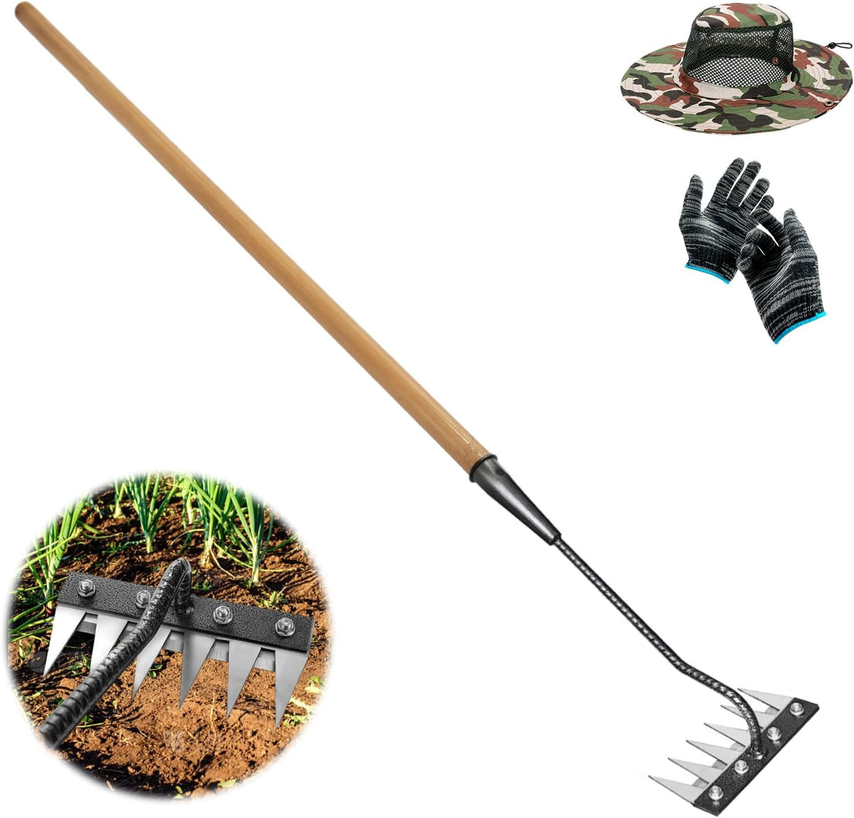 Gardenia Iron Weeding Rake, 2.0 Iron Weeding Rake with Long Handle, 6 Teeth Heavy Duty Puller Tools for Gardening, Weedings ,Lawn