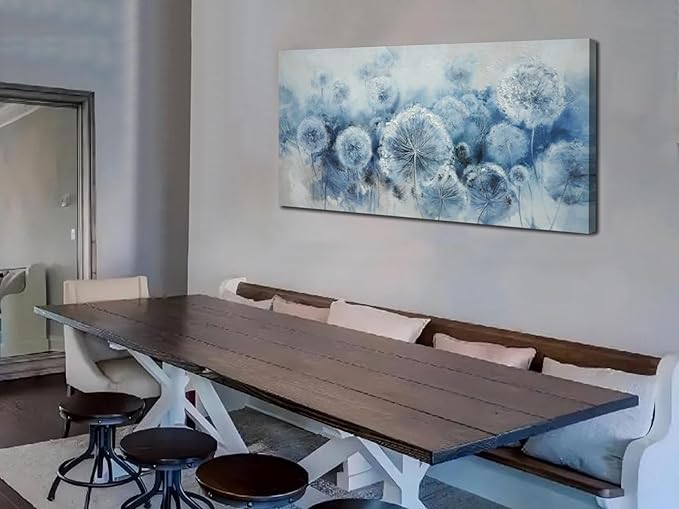 Arjun Flower Wall Art Indigo Blue Dandelion Floral Canvas Painting Watercolor White Textured Modern Artwork Framed for Living Room Bedroom Dinning Room Home Office Wall Decor, Extra Large Size 58"x29"