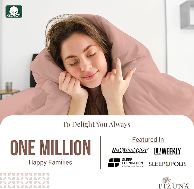 Pizuna Pure 100% Cotton Queen Duvet Cover Set, Luxurious 400 Thread Count Long Staple Cotton Sateen Weave with Button Closure (Combed Misty Rose Cotton Duvet Cover Queen)